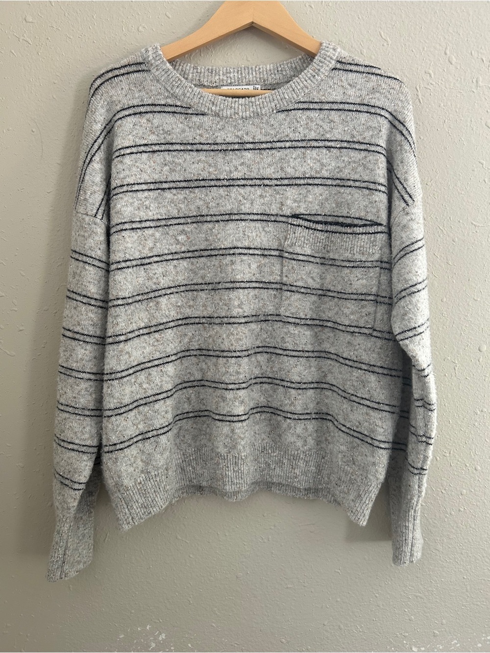 Staccato Gray Crewneck Sweater with Black Stripes Casual Fall Comfy Neutral XL